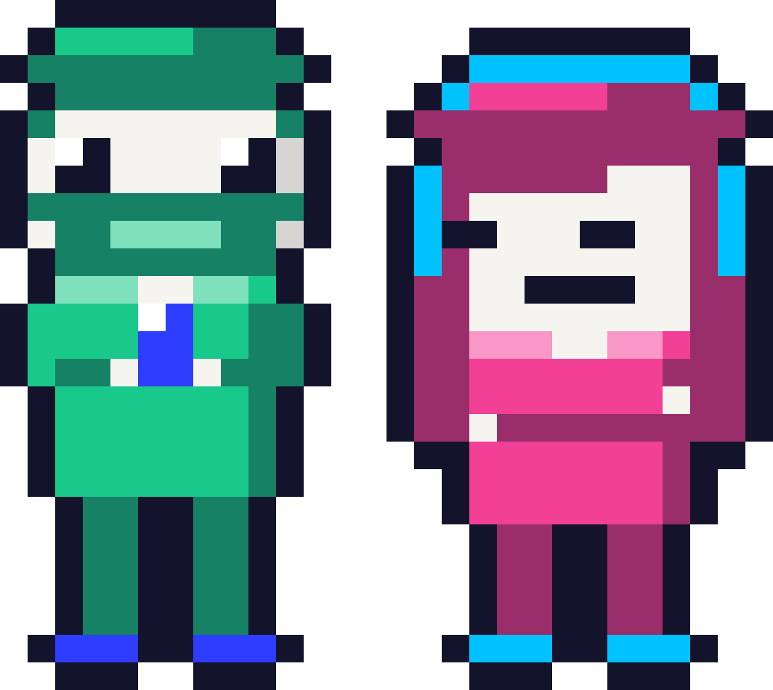 Le père perplexe devant son téléphone, l’aînée bras croisés, en pixel art